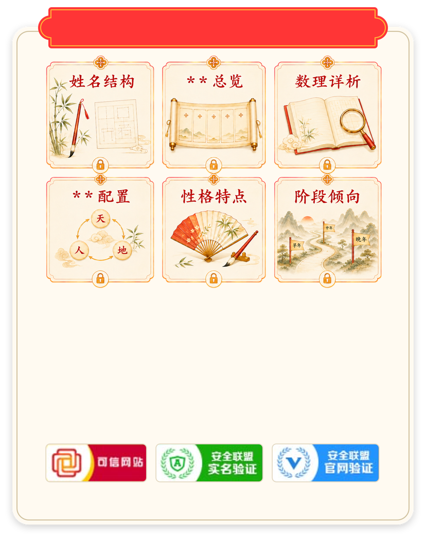 购买报告后可查看：姓名结构、总览、数理详析、三才配置、性格特点、阶段倾向